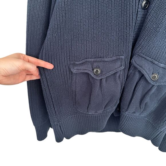 J Crew Navy Blue Cotton Cable Knit Cardigan Sweater Chunky Preppy Mens Large - Picture 2 of 7